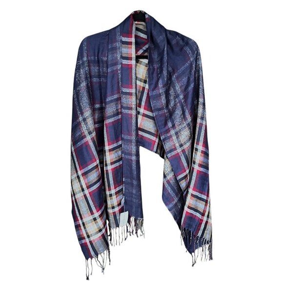 The Paper Store Womens Pashmina Wrap Scarf Shawl Fringed Navy Blue Plaid NWT - Picture 1 of 7
